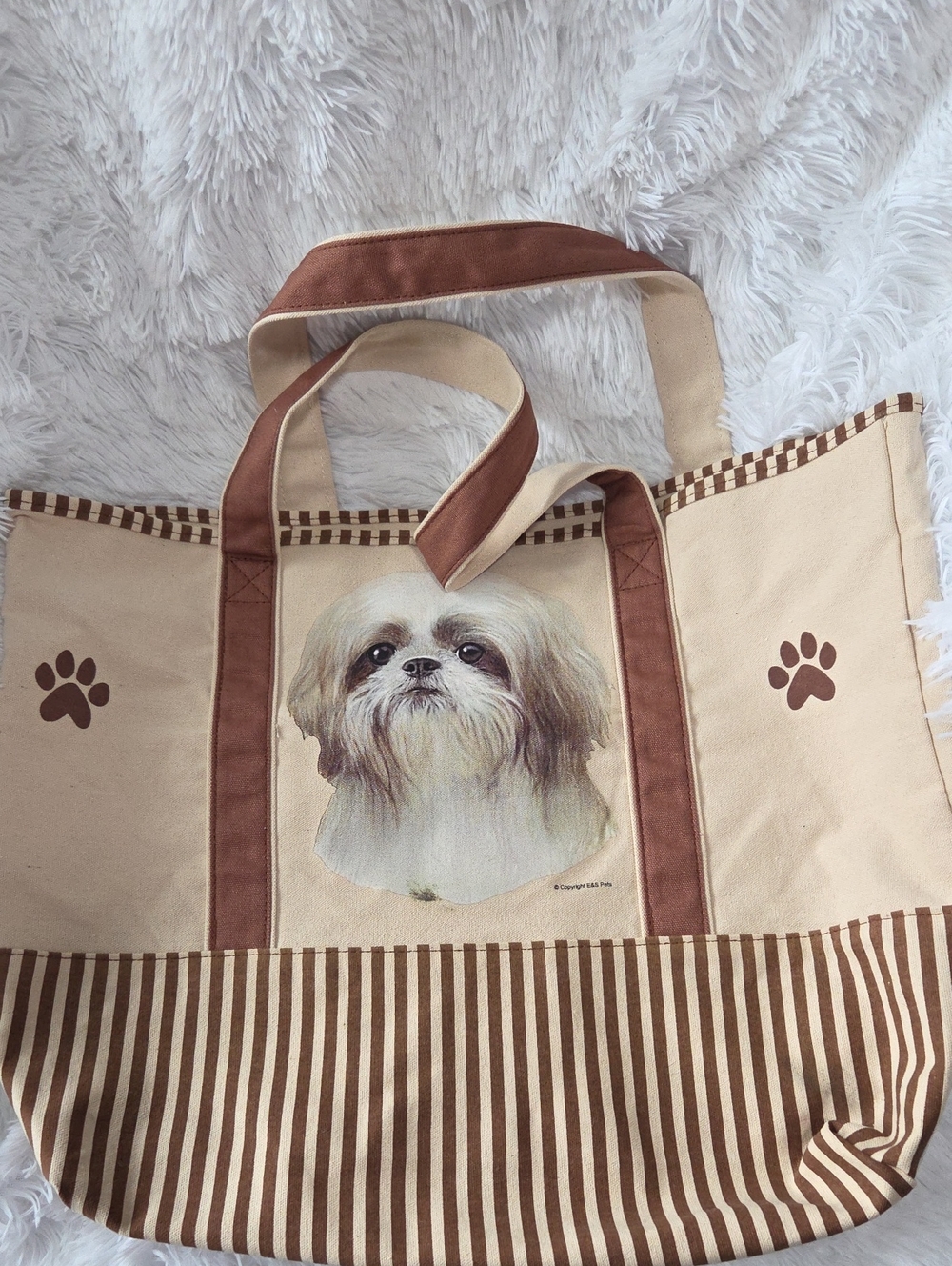 Canvas Dog Tote Bag with Shih Tzu Print - Brown & Cream